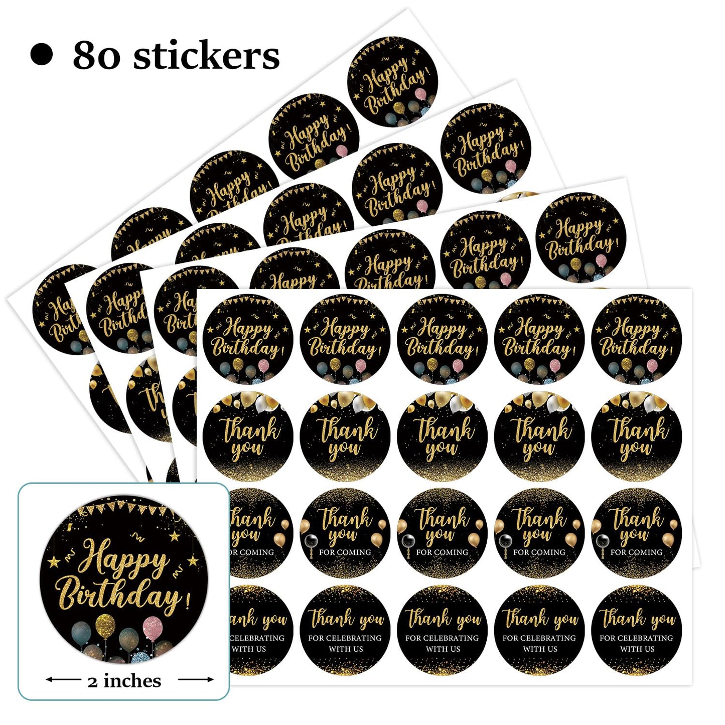80 Pcs Black Happy Birthday Stickers - Boy Girl Big Milestone Bday Party Decorate Round Party Gifts, Thank You Stickers for Gender Reveal, Baby Shower, Birthday Party