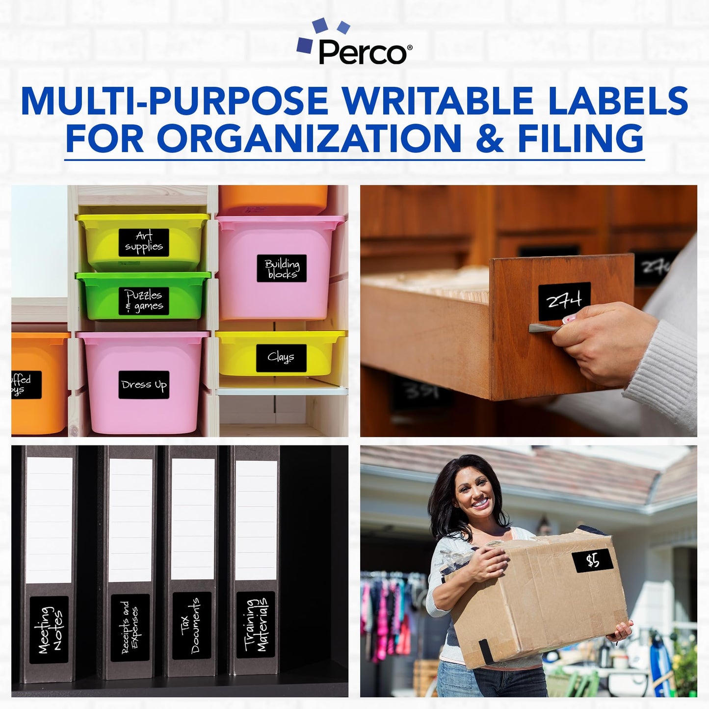 Perco Black 3x5 Inch Rectangle Sticker Labels with Permanent Adhesive - 500 Labels per Roll - Vibrant Colors, Strong Adhesion - Made in USA
