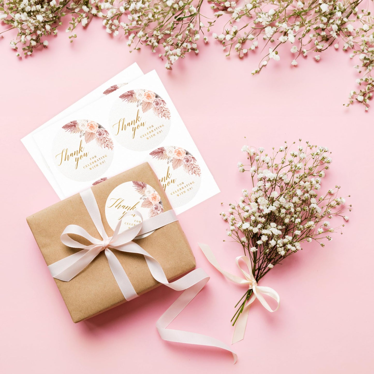 Mobiusea Creation Boho Beige Floral Wedding Thank You Labels Thank You for Celebrating with Us Stickers | 2 inch | Gold Foil | 60pcs Waterproof Favor Labels for Wedding, Bridal Shower, Baby Shower