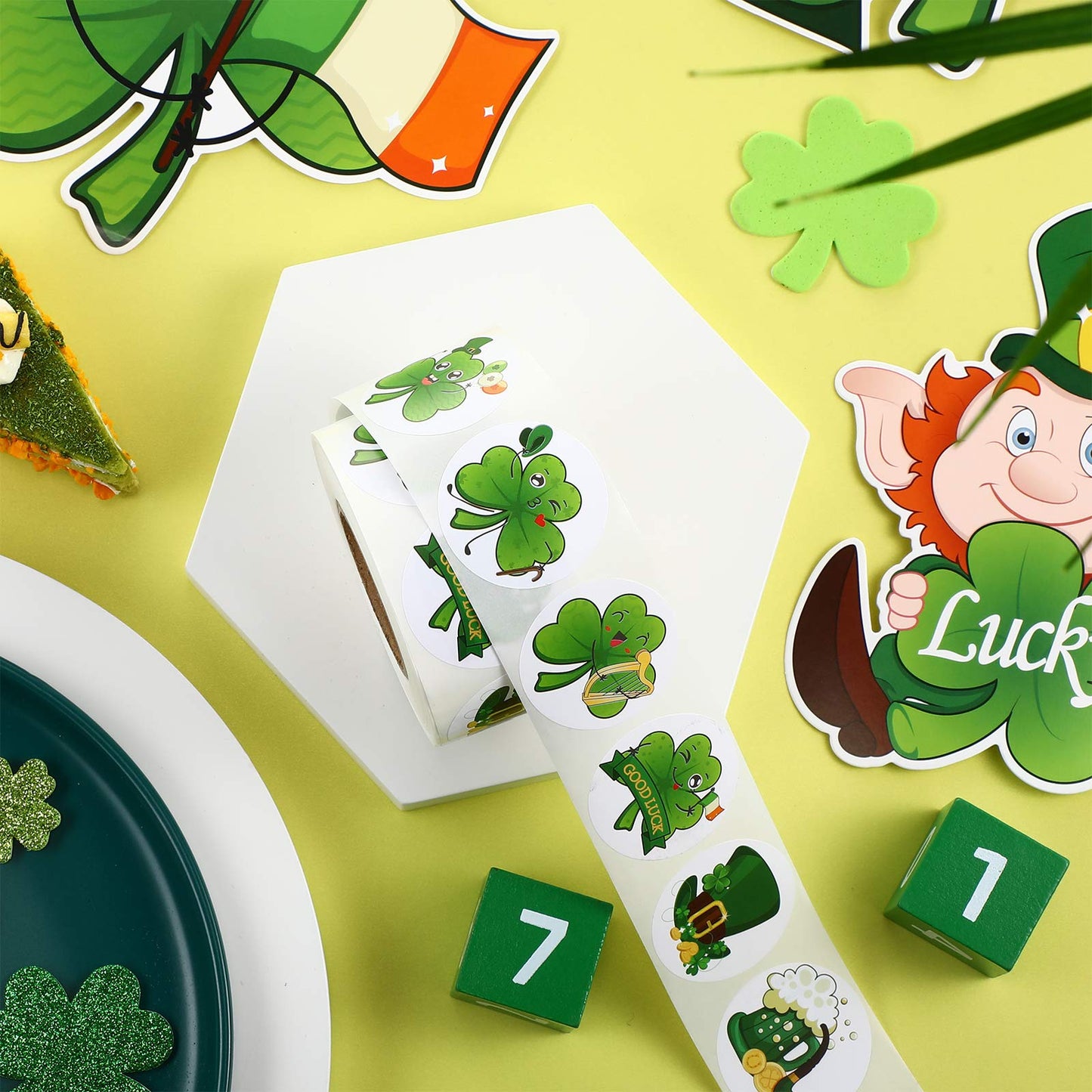 Zonon 600 Pieces St. Patrick Day Stickers Roll Cute Shamrock Leprechaun Beer Gold Coins Labels Teacher Reward Stickers Lucky Irish Decals Seals for Classroom Preschool, 1.5 inches