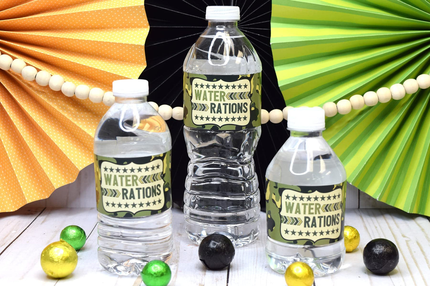 Ten Hut! Army Camouflage Birthday Themed Waterproof Water Bottle Sticker Wrappers 20 Wrap Around Labels Sized 1.75" x 8.5" by AmandaCreation