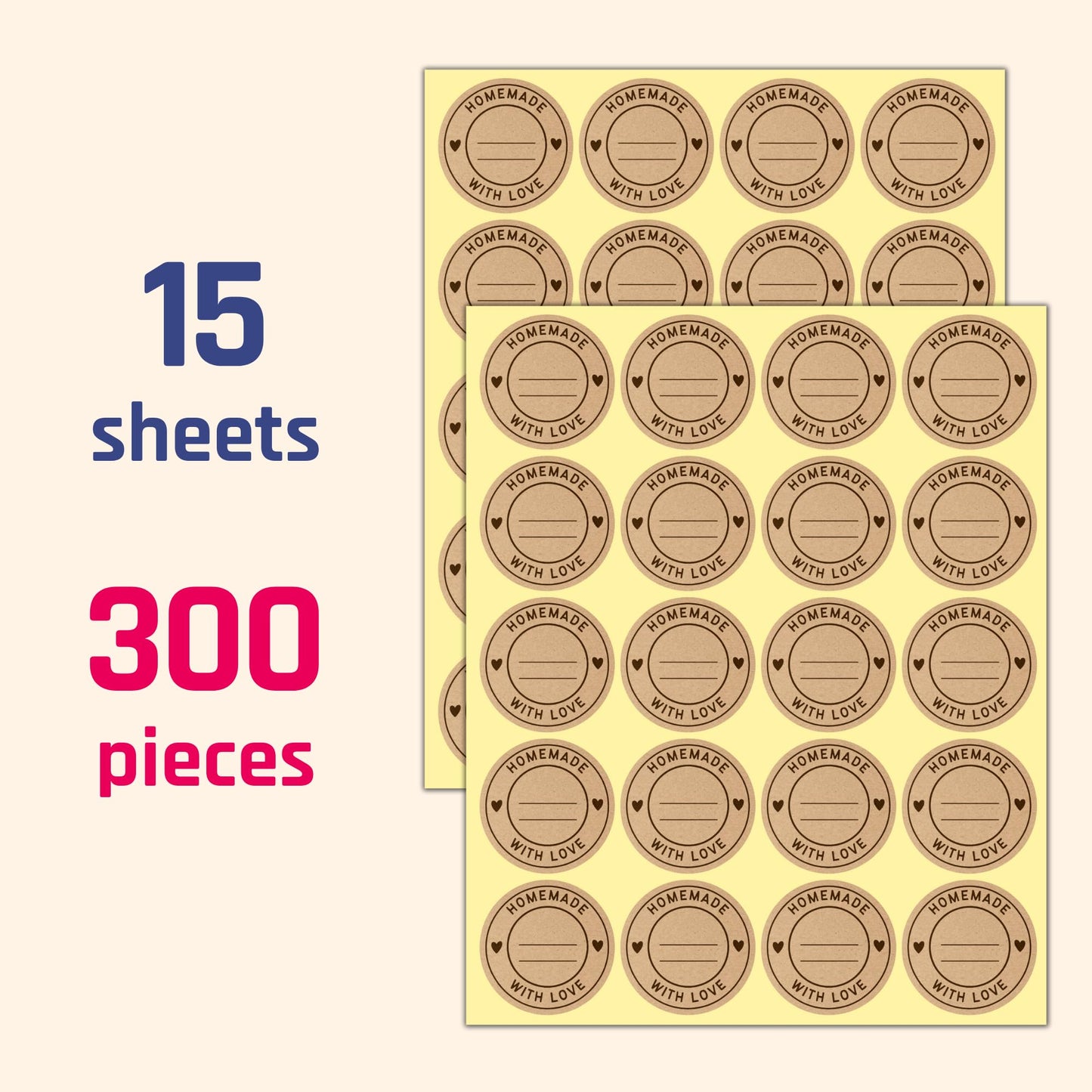 300 Pieces, 2" - Homemade with Love Stickers, Canning Labels for Jars to Write On 300 Pieces