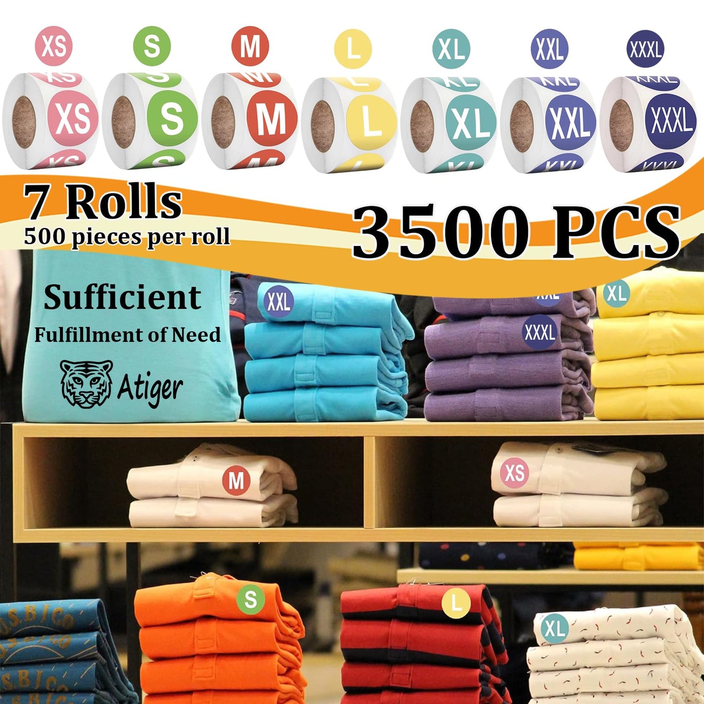 1 Inch Clothing Size Stickers Business Labels - Atiger 3500 PCS Colorful Coded Round Self Adhesive Size Stickers for Clothing T Shirts Trousers Skirt Retail, 7 Sizes (XS, S, M, L, XL, XXL, XXXL)