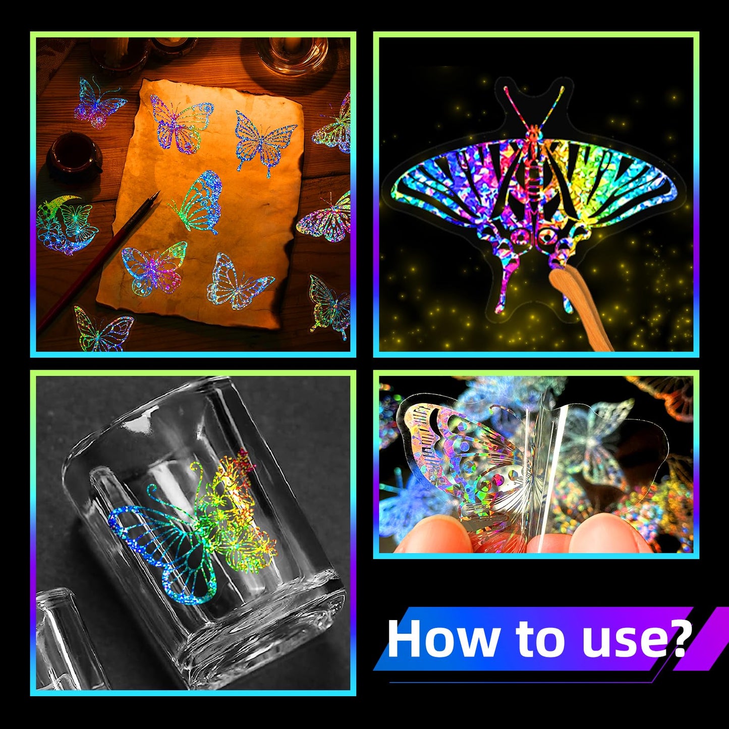 100PCS Holographic Butterfly Stickers, Laser Transparent Waterproof Stickers, Self-Adhesive Labels for Scrapbooking, Water Bottles, Journals, Laptops, Wall Decoration Blue
