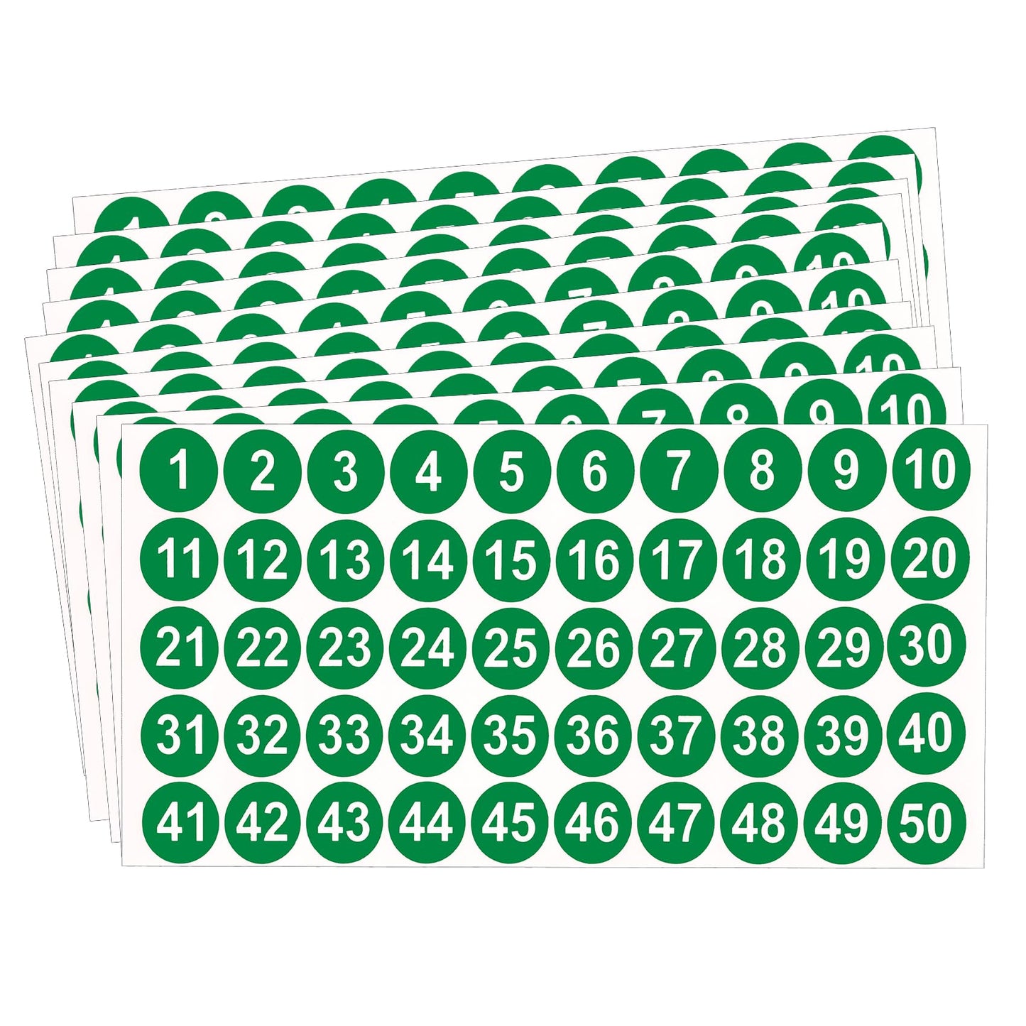 Number Stickers, Consecutive Number Stickers 1-50, 10 Sheets Round Number Labels, Green Small Number Stickers Vinyl Number Decals for Office, Classroom, Storage, Inventory, Indoor, Outdoor, 1 inch