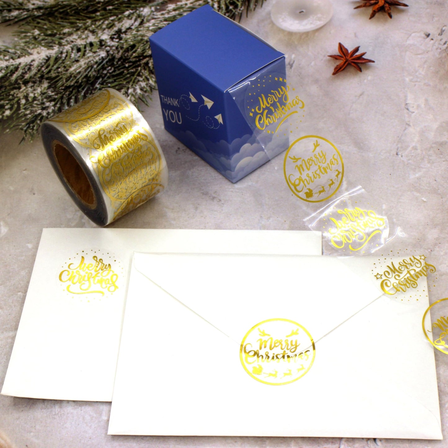 1.5 Inch Christmas Stickers - Gold Foil Merry Christmas & Winter Holiday Stickers for Decorations, Cards, Crafts & Bags