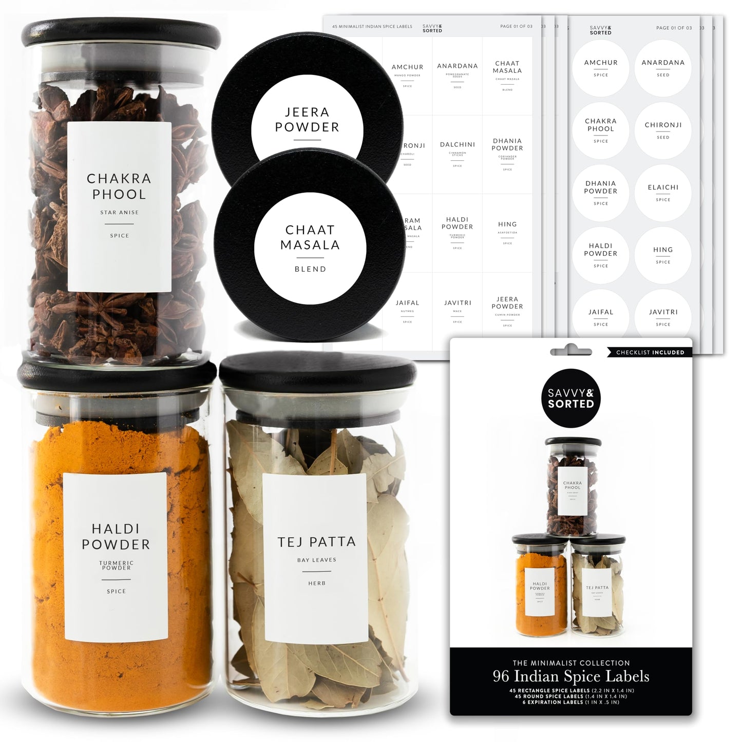 SAVVY & SORTED Spice Labels, 44 South Asian Spice Jar Stickers - Waterproof Kitchen Pantry Labels for Organizing Indian Spices Indian Spice Label