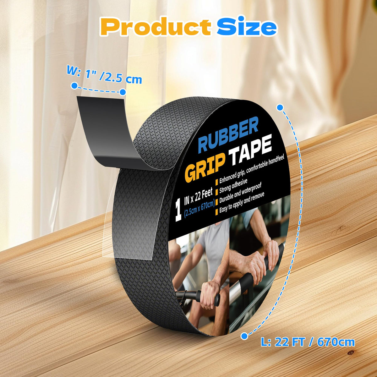 Rubber Grip Tape, 1 in x 22 Ft Black Ultra-Thin Strong Adhesive Non-Slip Tape, Anti-Slip Grip Tape for Handles, Waterproof Heat Resistant Cushion Grip, Comfortable in Hands 1 Inch x 22 Feet
