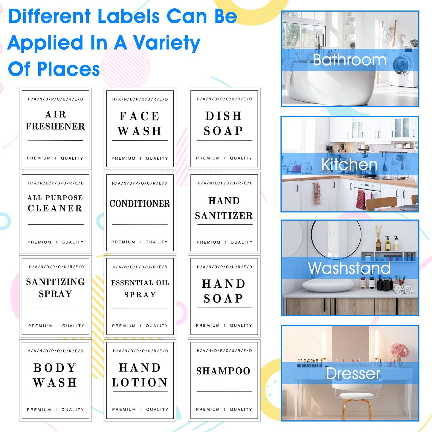 36Pcs Waterproof Labels for Bottles, Removable Bathroom Organization Stickers for Hand Soap Lotion Shampoo Conditioner Dispenser, Toiletry Labels for Plastic/Glass Bottles