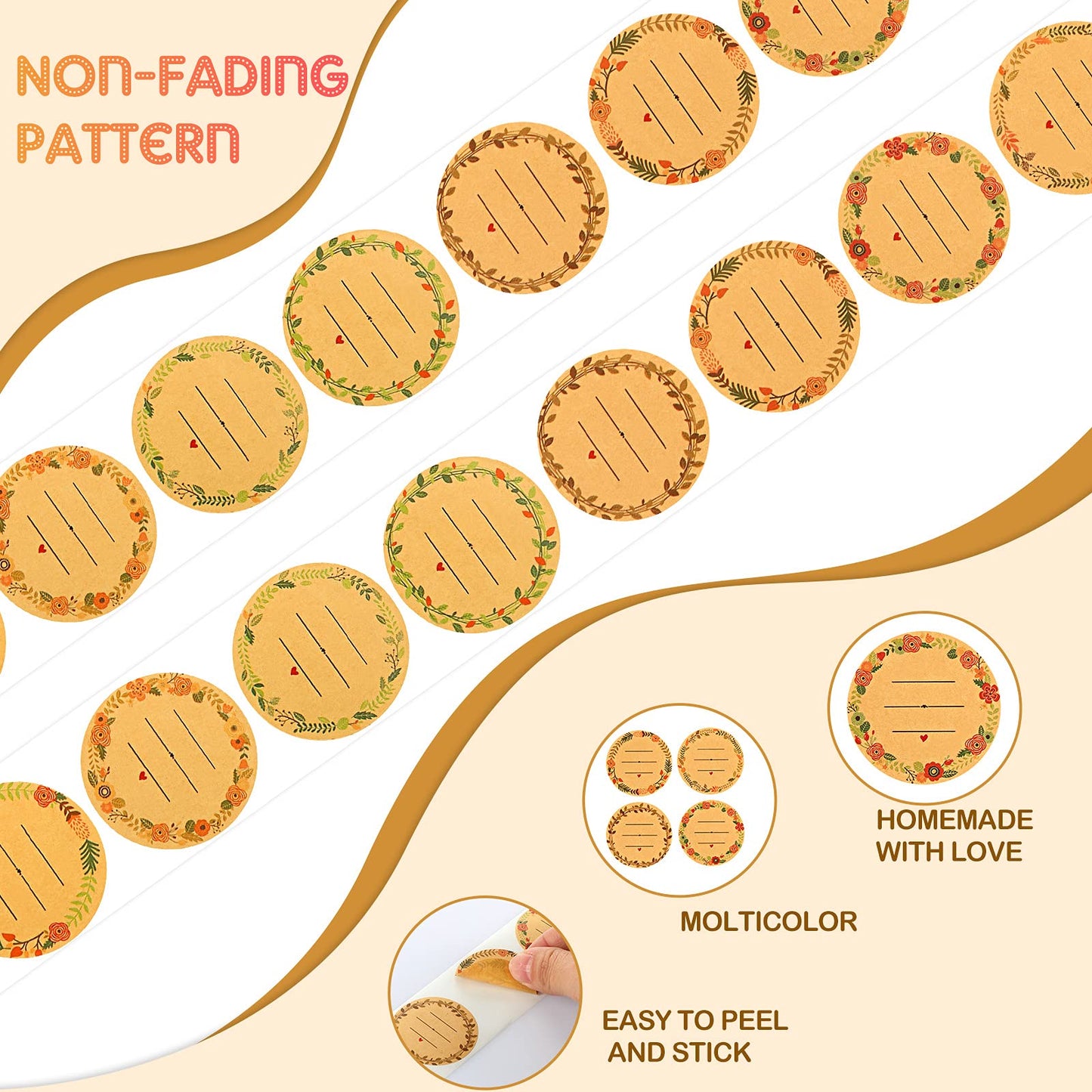 1000 Pieces Canning Jar Labels Stickers 1.5 Inch Natural Kraft Stickers Wreath Pattern with 3 Lines for Writing Round Canning Labels Jar Crafts