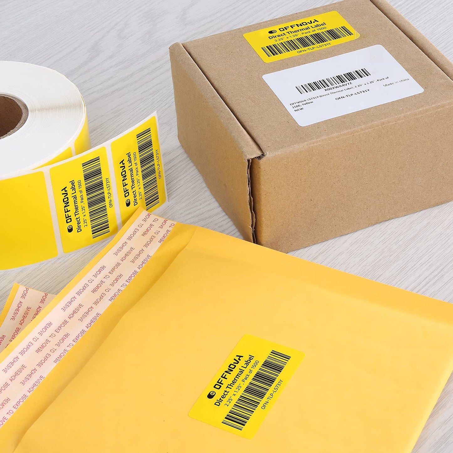 OFFNOVA 2.25" x 1.25" Thermal Direct Labels, Roll of 1500 Stickers Labels for Barcode, Address, with Perforation, Compatible with Rollo, Permanent Adhesive, Yellow 2.25”x1.25”