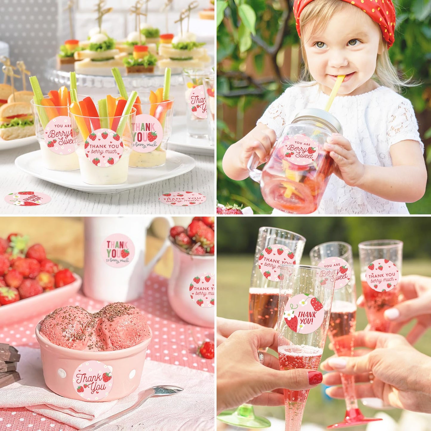 500Pcs Strawberry Thank You Stickers Pink Fruit Decorative Decal Roll 6 Designs Self-Adhesive Sealing Labels for Summer Birthday Baby Shower Party Supplies