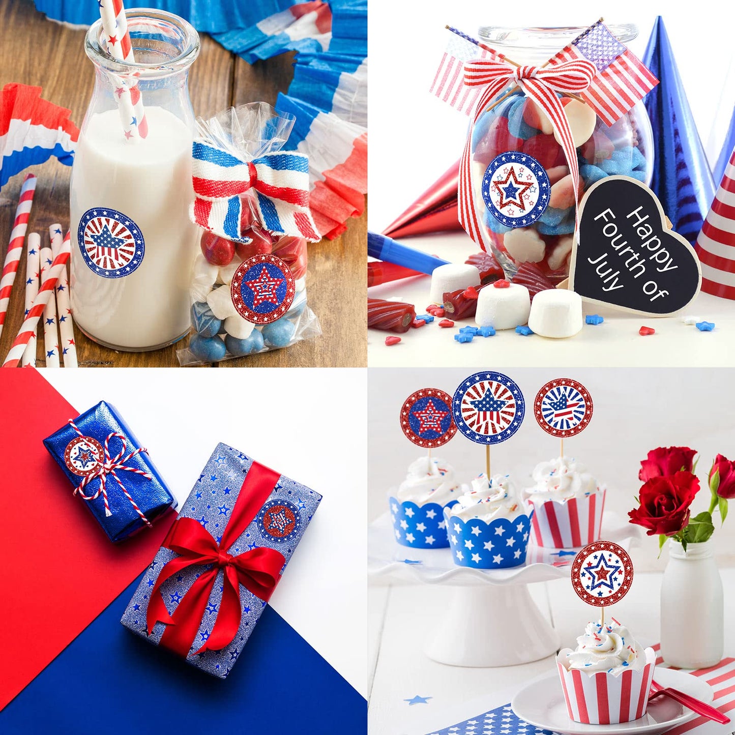 Whaline 600Pcs American Flag Stickers Glitter Patriotic Star Label Sticker Independence Day Stickers 4th of July Decals 8 Design Adhesive Sealing Labels for Envelopes Baking Bag Party Favor Supplies
