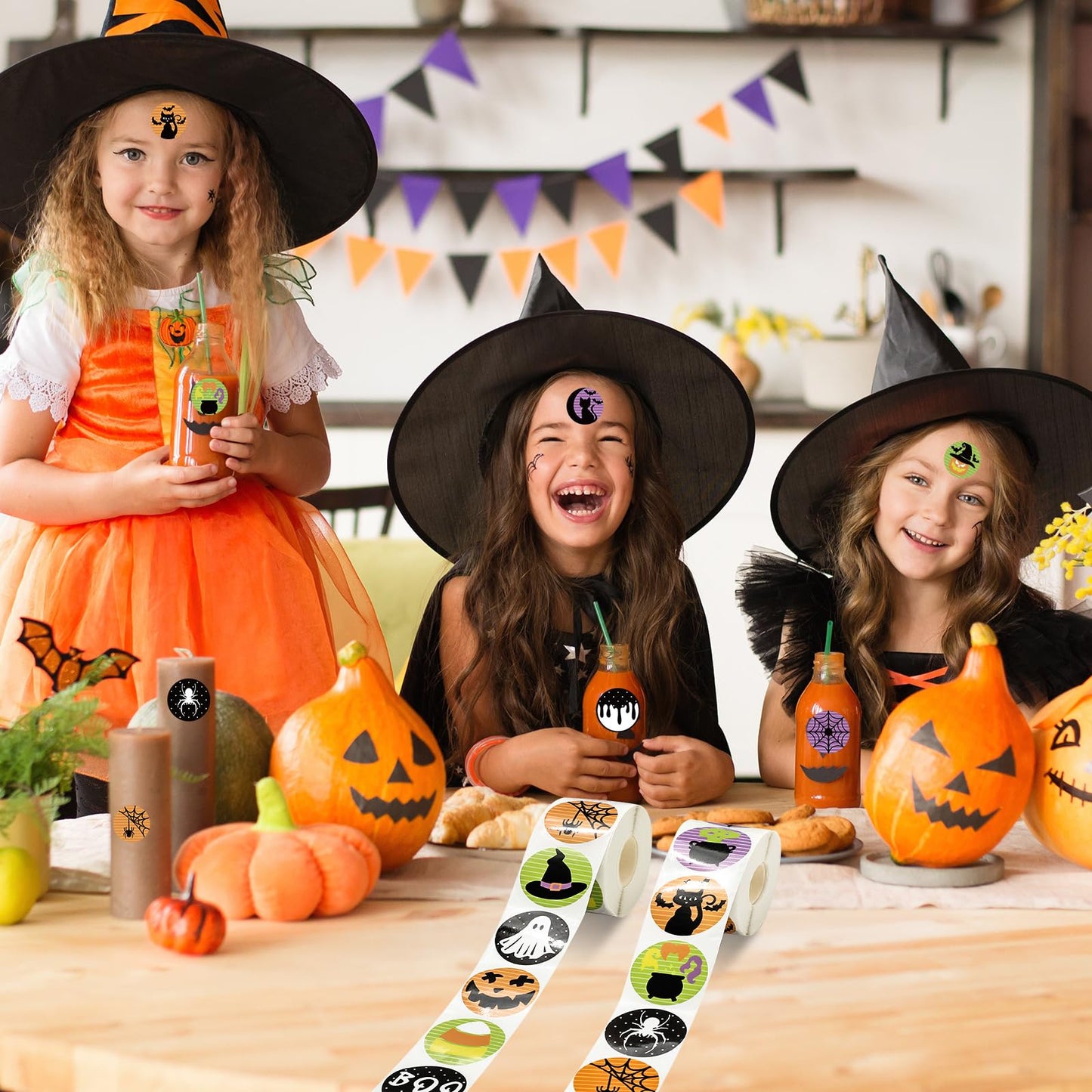 1000Pcs Halloween Stickers Ghost Pumpkin Witch Label Stickers Adhesive Paper Decals for Party Decor Supplies, 2 Rolls, 16 Designs