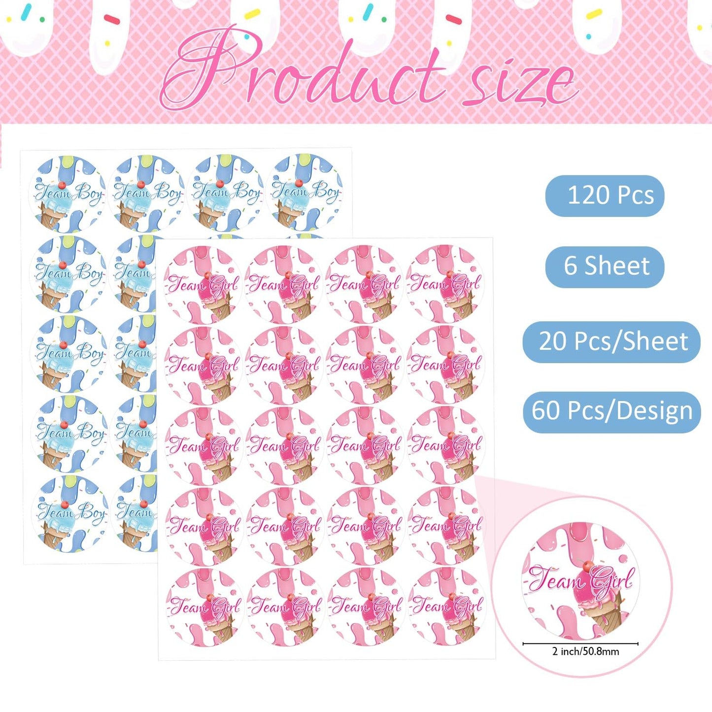120pcs Ice Cream Gender Team Boy or Girl Labels Stickers Pink and Blue Gender Party Games Stickers for Baby Shower Birthday Party