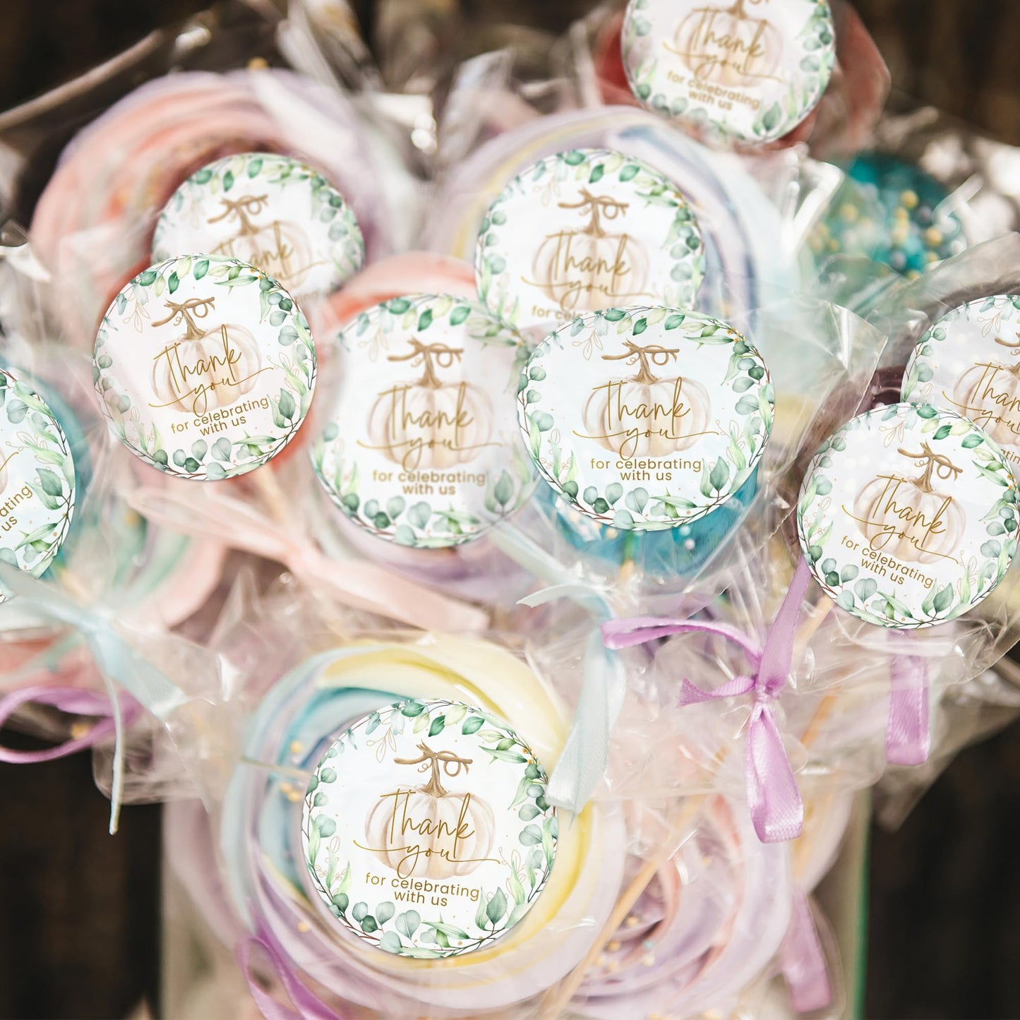 Mobiusea Creation Fall Pumpkin Greenery Wedding Thank You Lables Elegant Thank You for Celebrating with Us Stickers | 2 inch | Gold Foil | 60pcs Waterproof Favor Labels for Wedding, Bridal Shower