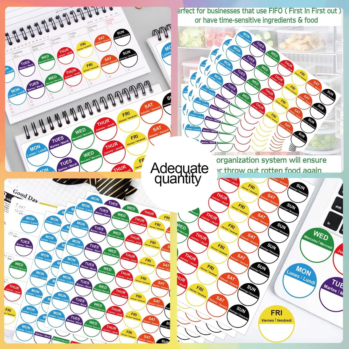 7 Days of The Week Labels 1 Inch Color Coding Food Rotation Labels - Self Adhesive Mon, Tue, Wed, Thurs, Fri, Sat Sun Day Label 700 Pcs Day Stickers
