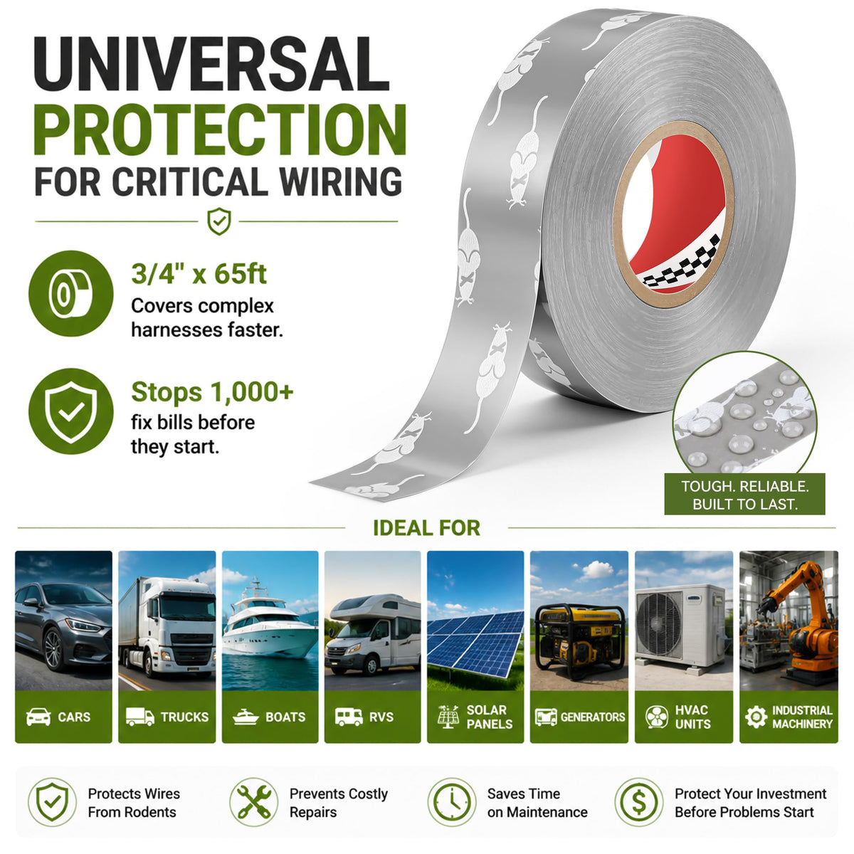 Professional Grade Rodent Tape, Japanese Engineered OEM 4019-2317 Anti Chew Deterrent Tape for Automotive, Marine & Industrial Engine Wire Harness Protection, 3/4 in x 65 ft