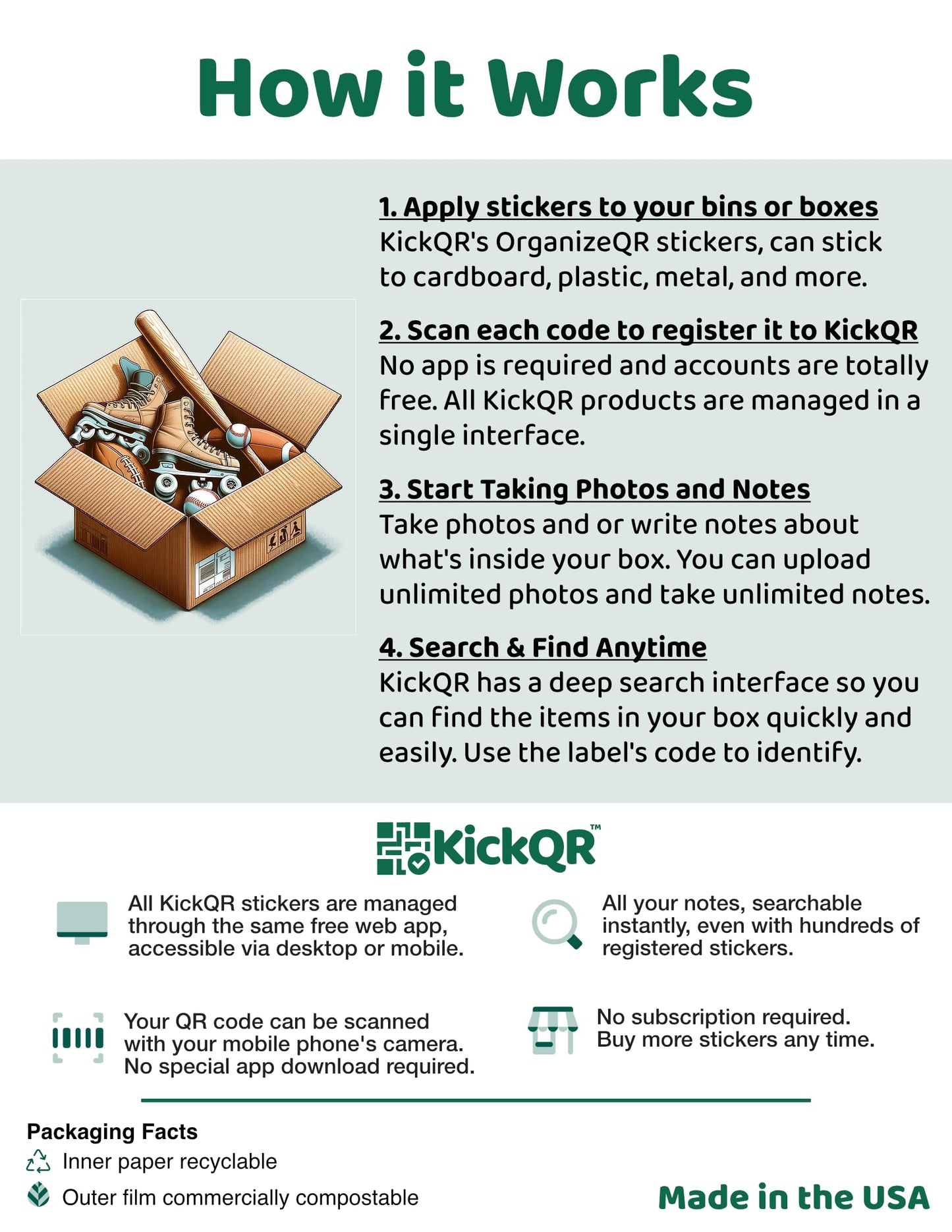 Premium QR Code Labels for Storage | KickQR Smart Box & Bin Organization and Inventory System | No Subscription Required | 20 Pack