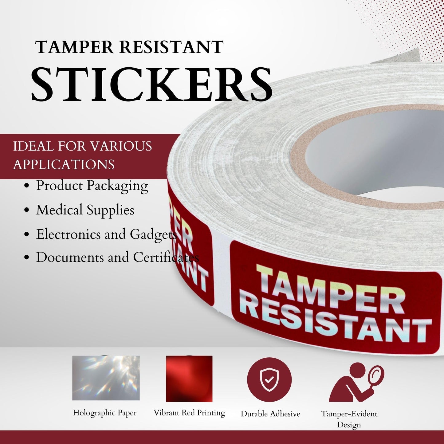 Tamper-Resistant Holographic Labels, 0.5" X 1.5" Adhesive Stickers in Holographic Paper 1 Color (Red) Printed, Security Seal Tamper Evident 500 Stickers Per Roll