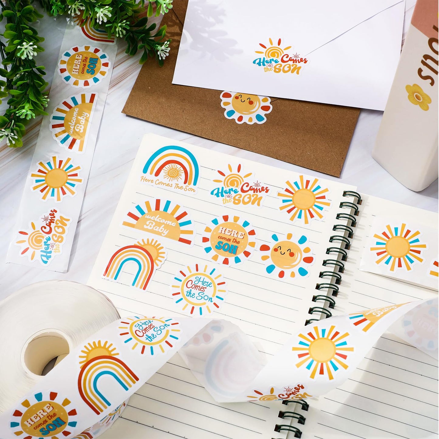 1000Pcs Boho Rainbow Decal Here Comes The Son Adhesive Sealing Labels First Trip Around The Sun Sticker for Baby Shower Birthday Party Favor, 8 Design Boho Sun Rainbow