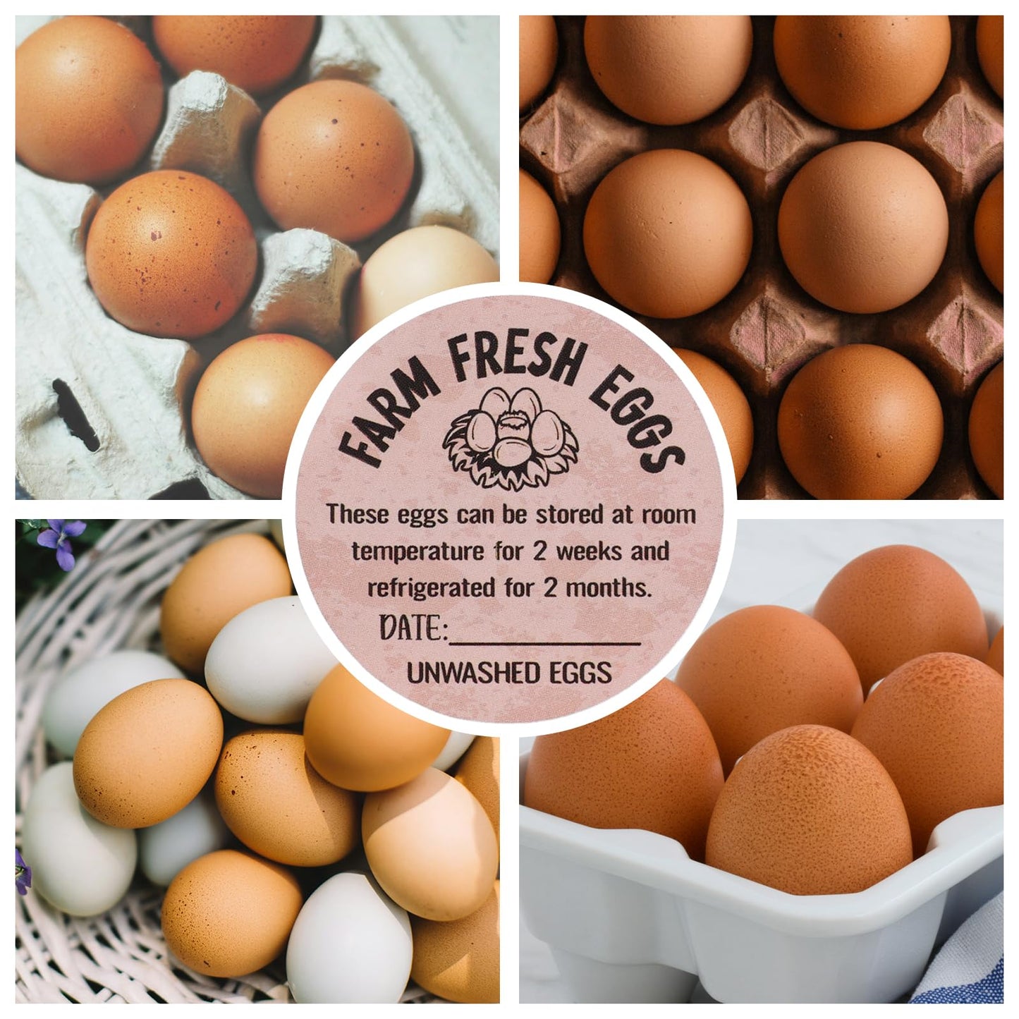 500pcs Farm Fresh Egg Carton Stickers, 2in Round Unwashed Egg Carton Labels with Collection Date Self-Adhesive Egg Packaging Labeling for Chicken Duck Quail Egg