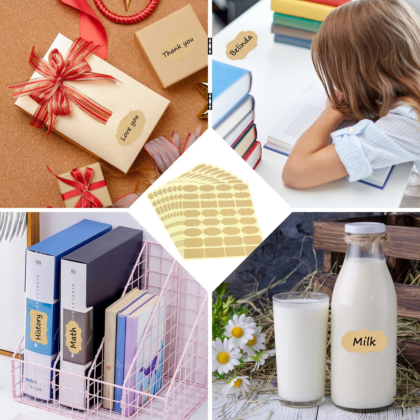 Wisdompro Fancy Shape Kraft Label Stickers, Self Adhesive Gift Tag Stickers Blank Writable Labels for Essential Oil Bottles, Jars, Food Containers (256 Pcs, Small) Fancy Shape - Small