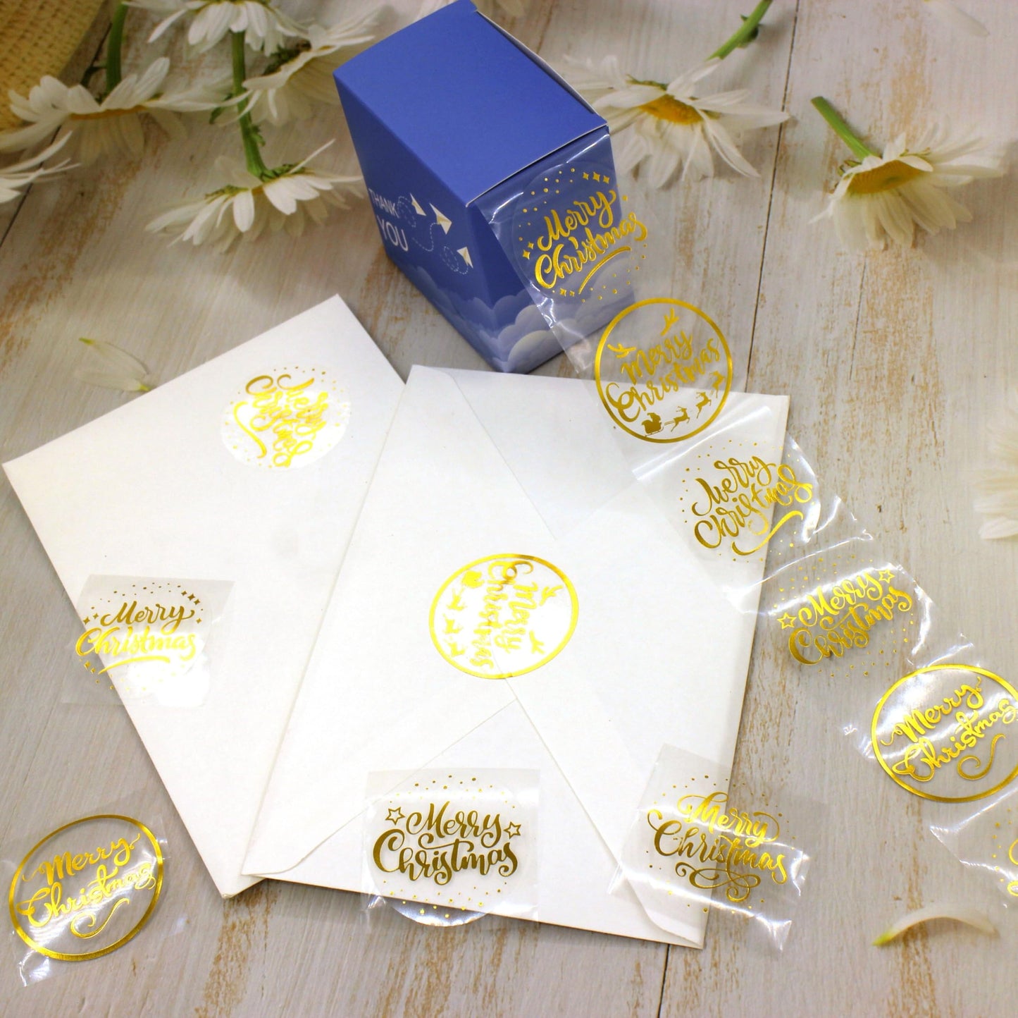 1.5 Inch Christmas Stickers - Gold Foil Merry Christmas & Winter Holiday Stickers for Decorations, Cards, Crafts & Bags