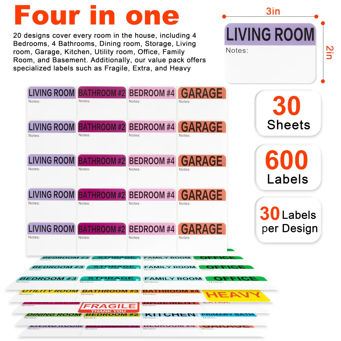 600 Mixed Color-Coded Writable Moving Labels (2" x 3") with 20 Designs, Fragile Stickers, Heavy & Blank Labels