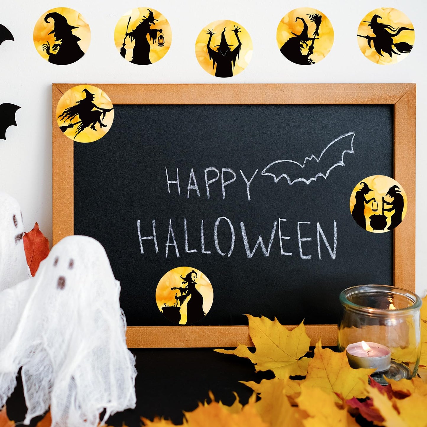 1000Pcs Halloween Stickers Roll Black Witch Round Decals Adhesive Sealing Labels for Trick or Treat Party Favor Supplies, 8 Designs
