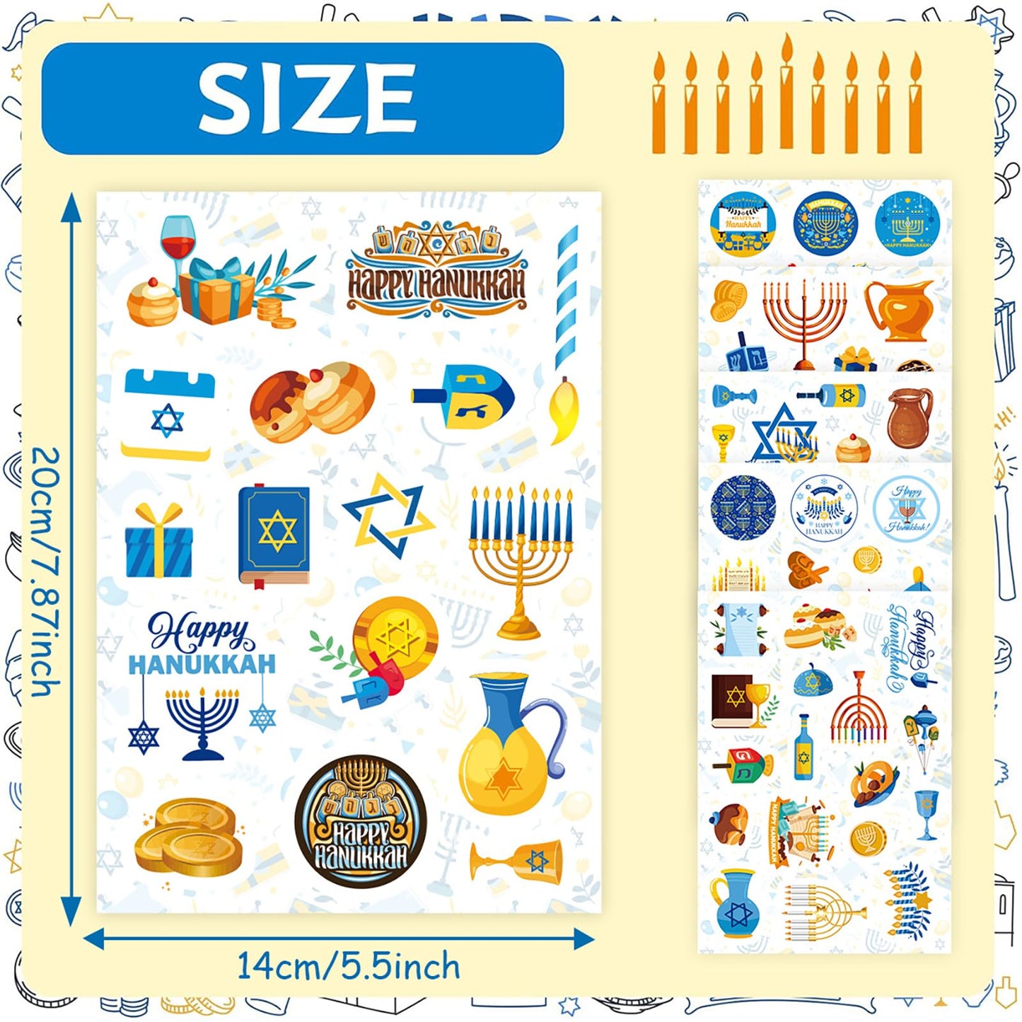 Hanukkah Sticker Label Sticker Candlestick Gift Sticker Happy Chanukah Business Sticker Five Pointed Star Reward Sticker Book,Envelope,Water,Cup Decoration for Hanukkah Jewish Festival