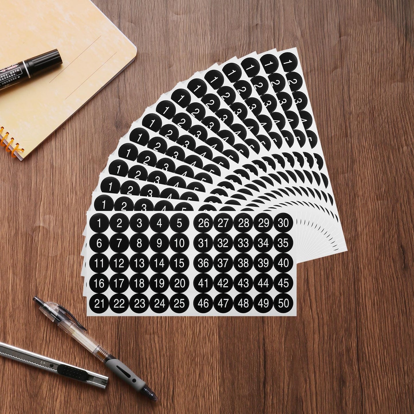 uxcell 15 Sheets Round Number Stickers, 1-50 Vinyl Consecutive Number Labels Self-Adhesive Number Decal for Office Classroom Box Storage, Black(1.5 inch Each)