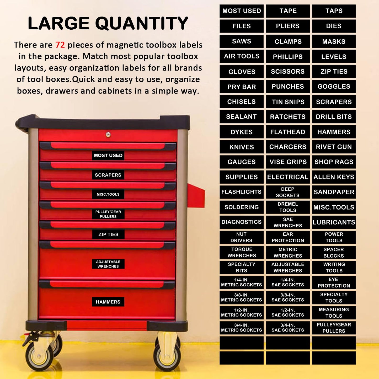 Magnetic Tool Box Organization Labels,Tool Chest Organizer Labels with Strong Magnets,Easy to Read Printing - Fits All Brands of Steel Tool Box Drawers (72 Pcs, 4 x 1 Inches) Black