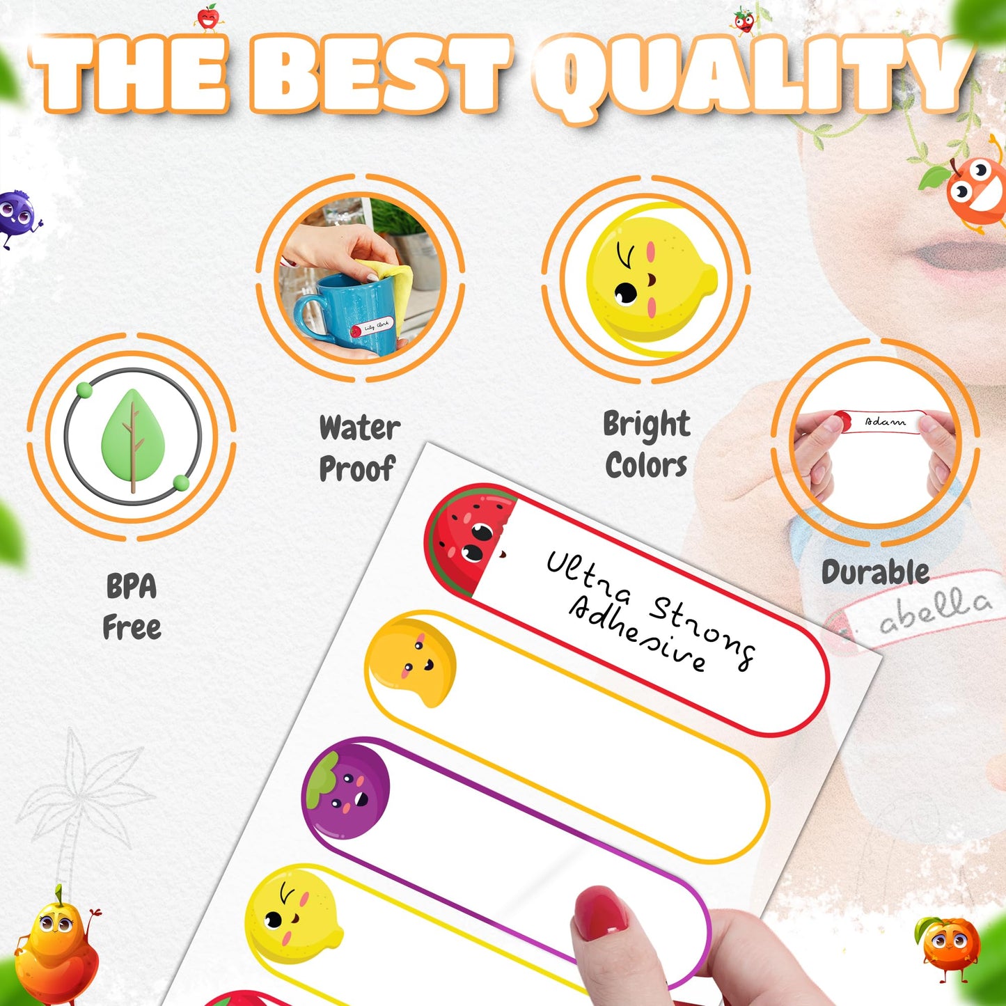 80 Premium Baby Bottle Labels - Washable and Waterproof Labels for Bottles, Toys, Food Containers - Durable, Super Adhesive, Self Laminating and Writable Daycare Bottle Label - Fruit Fiesta Theme