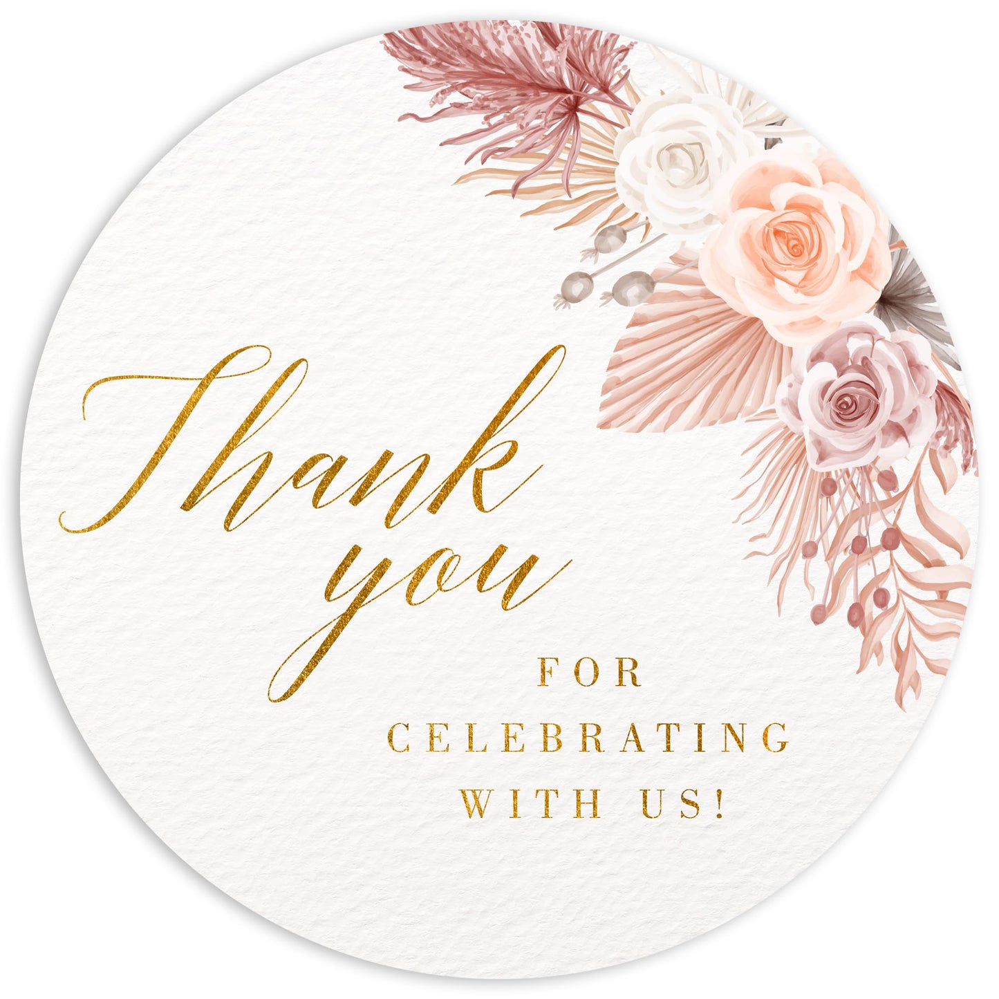 Mobiusea Creation Boho Beige Floral Wedding Thank You Labels Thank You for Celebrating with Us Stickers | 2 inch | Gold Foil | 60pcs Waterproof Favor Labels for Wedding, Bridal Shower, Baby Shower