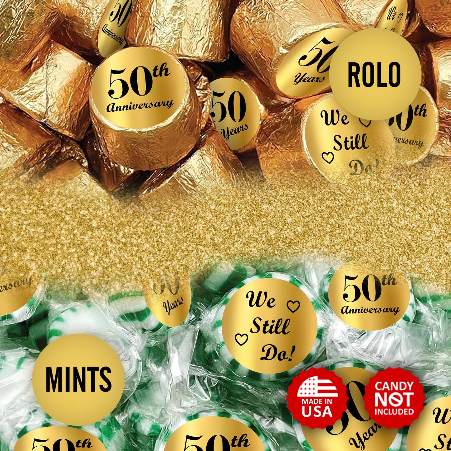 Gold Foil 50th Anniversary Kisses Stickers, (Set of 216) Chocolate Drops Labels Stickers for 50th Wedding Anniversary, Party Favors Decor for Kisses. Made in USA