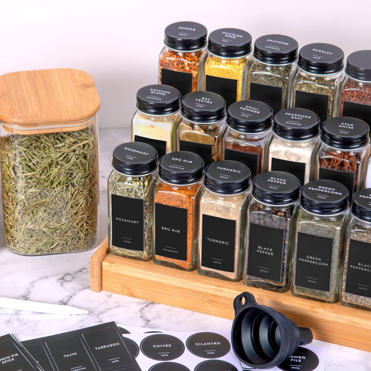 304 Minimalist Spice Label Set, White Text on Black Vinyl Waterproof Label Sticker with Removable Adhesive - Fits on Round, Square and Rectangle Jars - Organize Spice, Herb and Seasonings Spice Labels