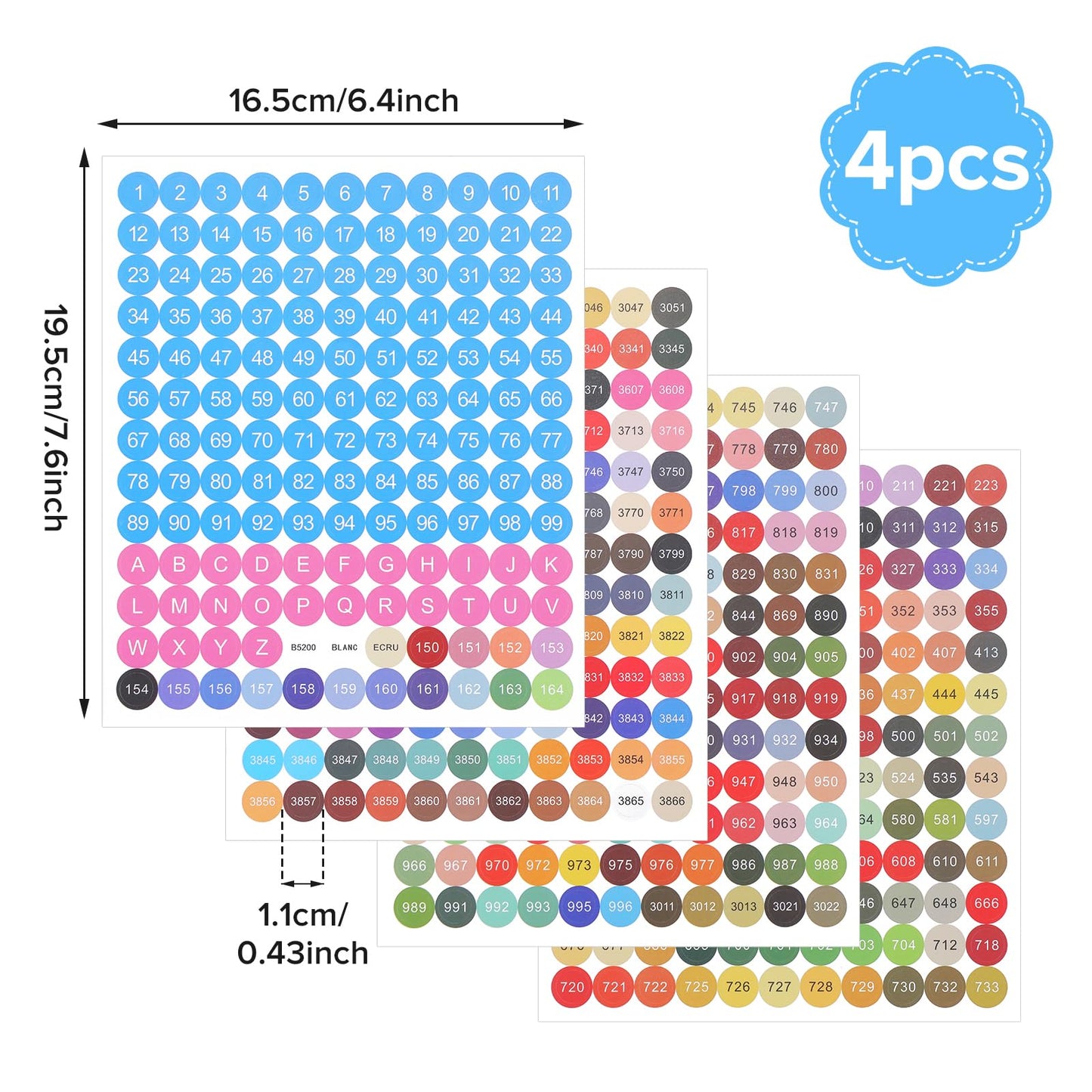 4 Sheets Color Number Stickers Dmc 447 Round Diamond Labels Painting Multicolored Labels Art Stickers for Painting Boxes Containers
