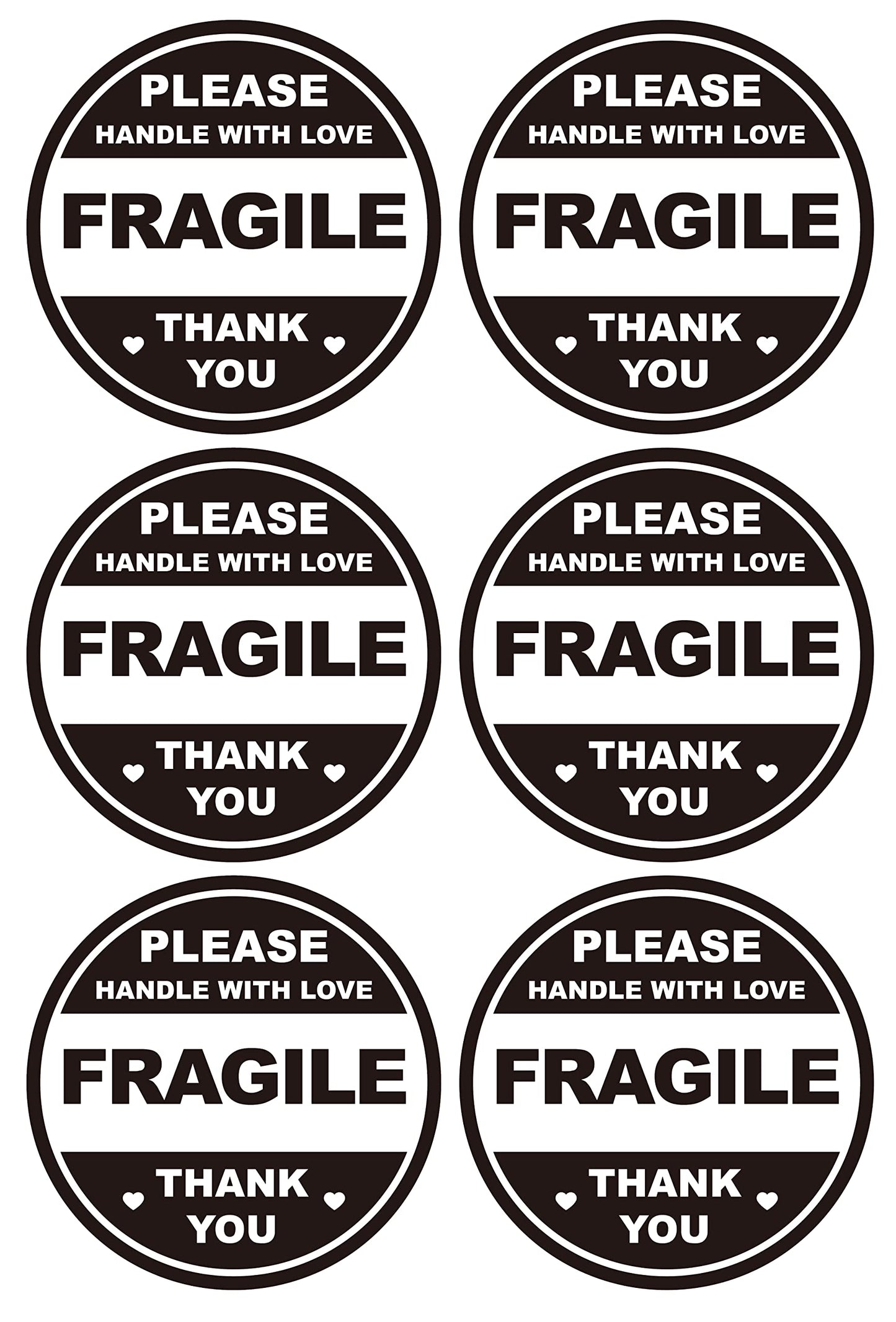 2" 300 PCS Black Fragile Handle with Love Labels Stickers Shipping Mailing Cartons Envelops Adhesive Labels