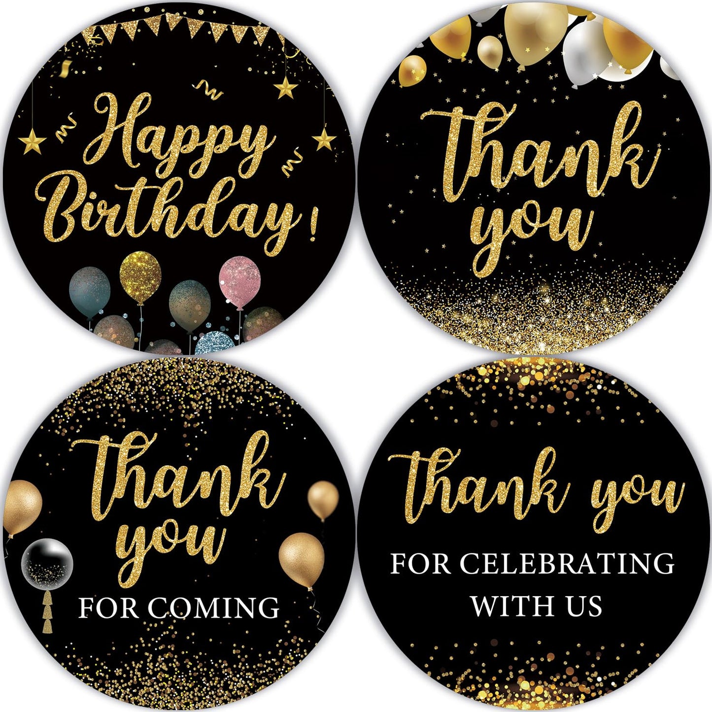 80 Pcs Black Happy Birthday Stickers - Boy Girl Big Milestone Bday Party Decorate Round Party Gifts, Thank You Stickers for Gender Reveal, Baby Shower, Birthday Party
