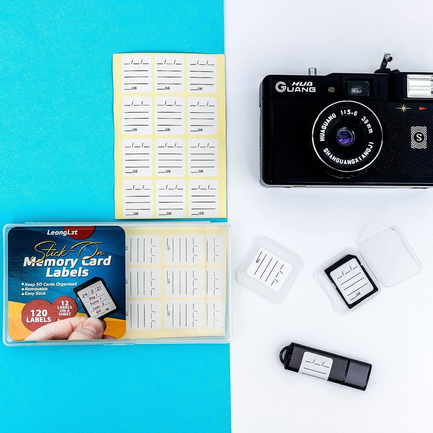 (120 Count) SD Card Labels Flash Drive Labels Stickers with 6 Free SD Card Cases & Container Multi-use Writable & Removable Stick-On Camera Memory Card Labels Multicolor