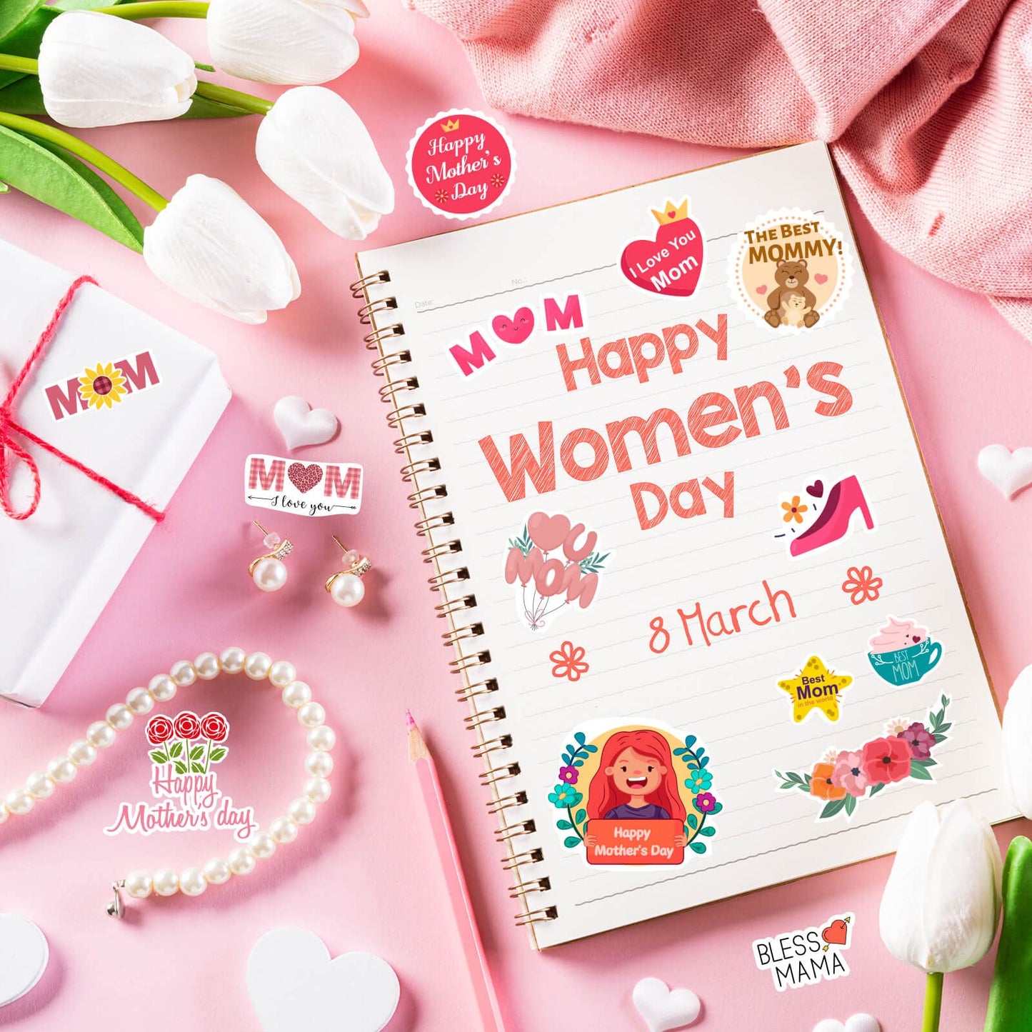 Happy Mothers Day Stickers, 16 Sheets Cute Mom Stickers for Mother's Day Gift Cards Labels Party Gift Decorations