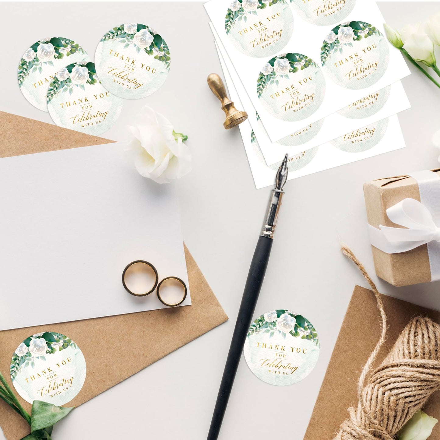 Mobiusea Creation White Floral Thank You for Celebrating with us Stickers | 2 inch | Gold Foil | 60pcs Waterproof Thank You Stickers Wedding Labels for Wedding, Bridal Shower, Baby Shower