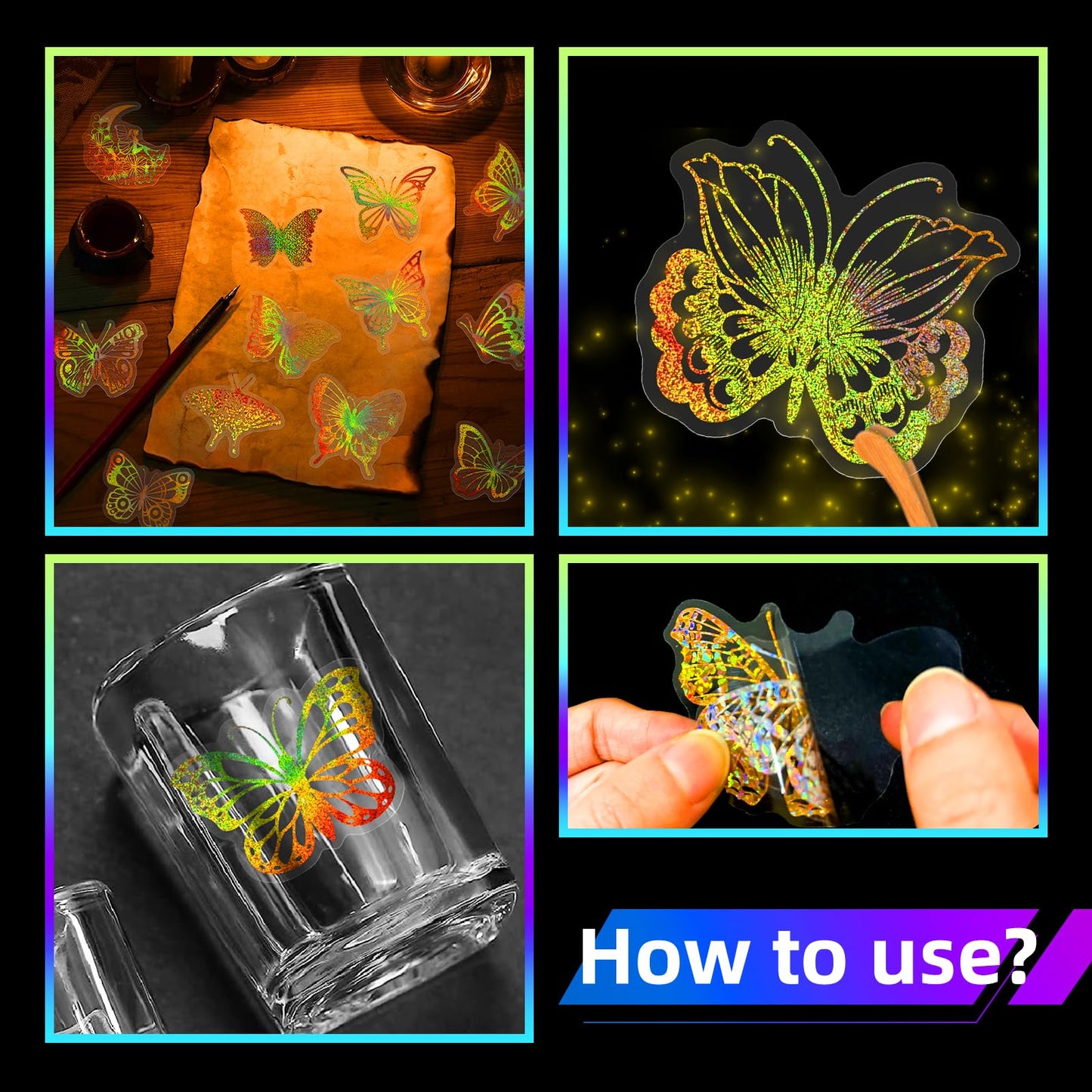 100PCS Holographic Butterfly Stickers, Gold Laser Transparent Waterproof Stickers, Self-Adhesive Labels for Scrapbooking, Water Bottles, Journals, Laptops, Wall Decoration