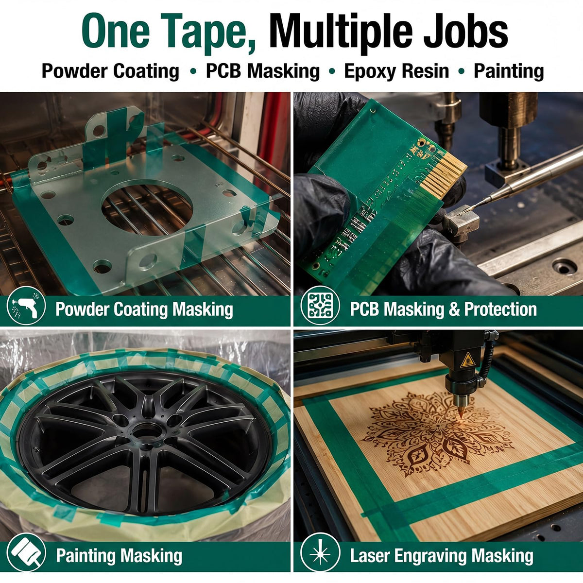 6 Pcs High Temp Tape Total 648 ft Green Pet Heat Resistant Masking Tape Sublimation Silicone Adhesive No Residue 392°f for DIY Epoxy Resin Powder Coating Circuit Board (2") 2"