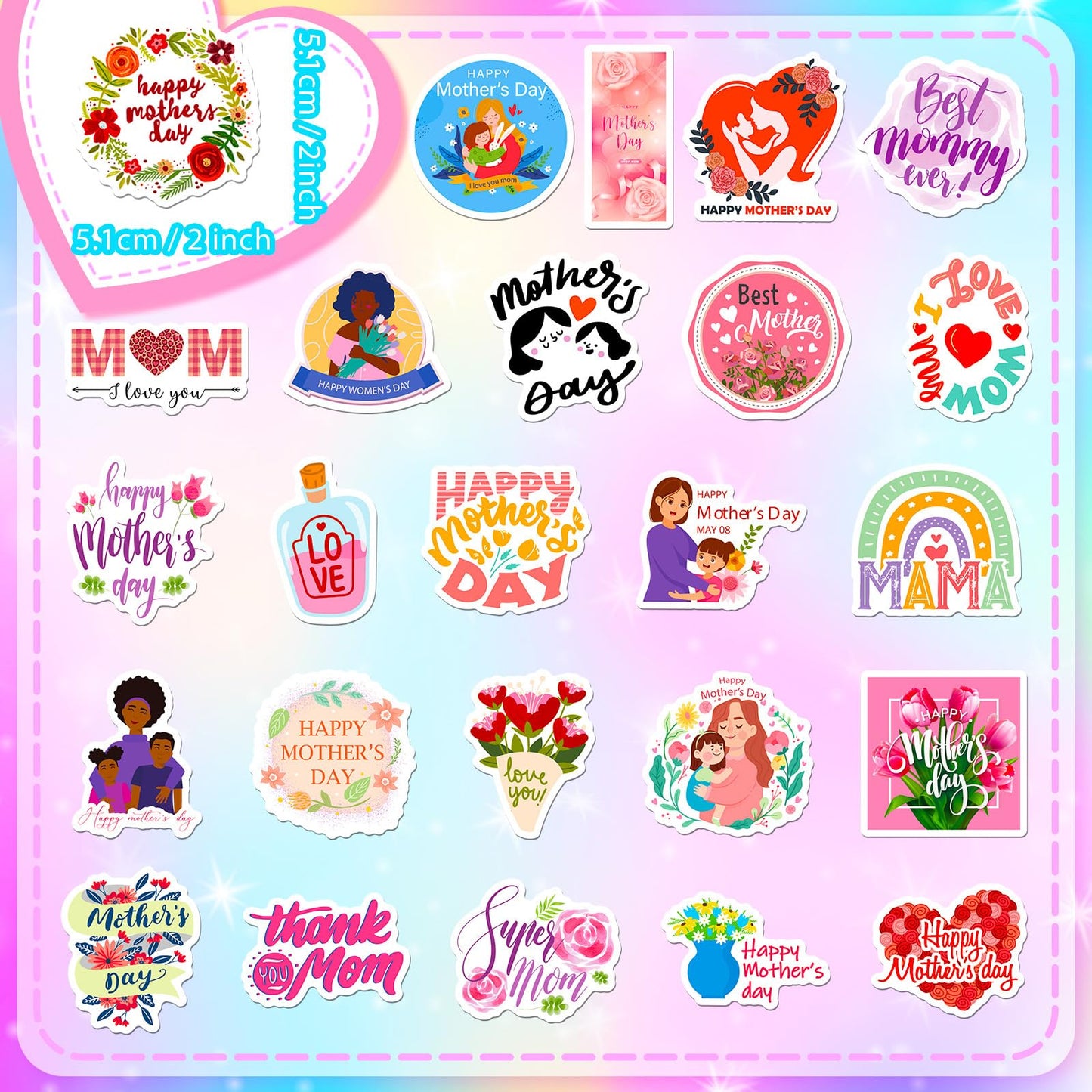 Mother's Day Stickers 50pcs - Waterproof & Self-Adhesive Decals for Gift Wrapping, Scrapbooking, Cards | Premium Quality, Easy Peel & Stick (Festival, Party, DIY) Mother's Day