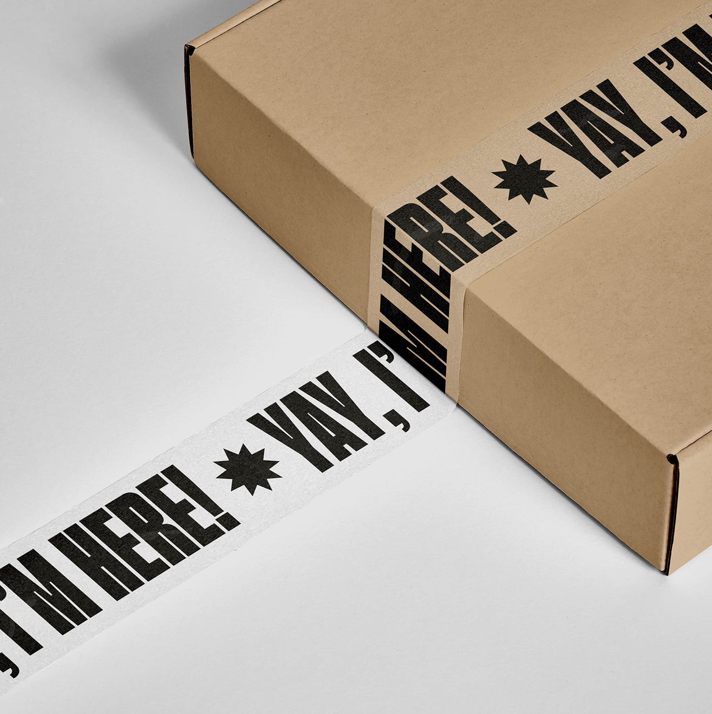Printed Packing Tape for Small Business - Cool Decorative Designer Packaging and Shipping Tape - 1.88" x 110 Yards (330 feet) - Cute Yay, I'm Here! Clear Black Yay, I'm Here! - Clear/Black