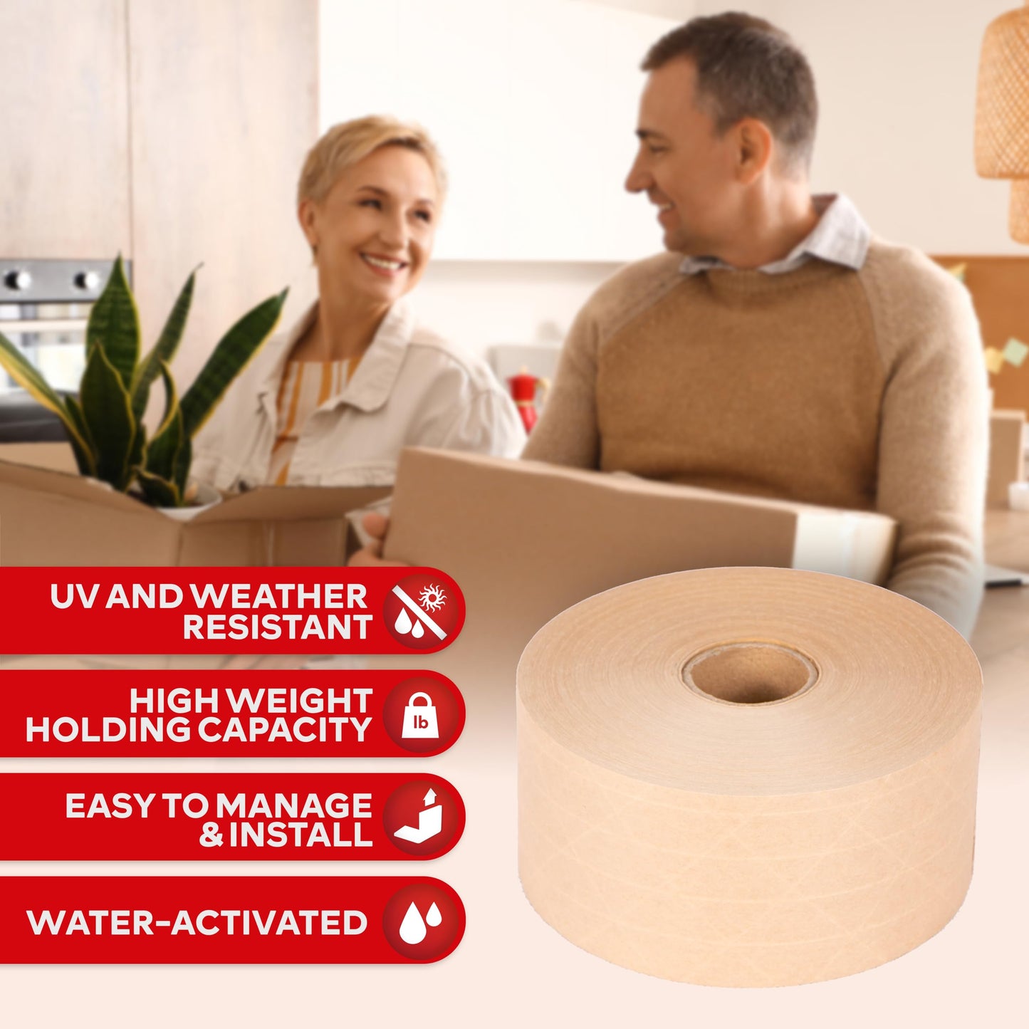 XFasten Brown Paper Packing Tape - 2.75-Inch x 375-Feet, Water Activated, Reinforced for Moving & Packing Boxes 2.75-Inches x 375-Feet (Single Pack) 1