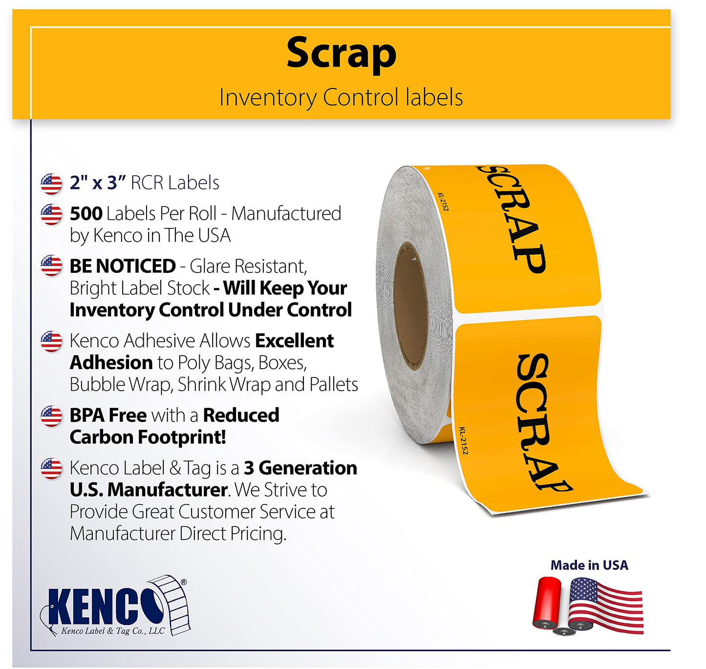 Scrap Labels - 500 3" X 2" Scrap Stickers - Inventory Control and Handling Adhesive 500 Permanent Adhesive Labels Per Roll Made in The USA and Fully Biodegradable (1) 1