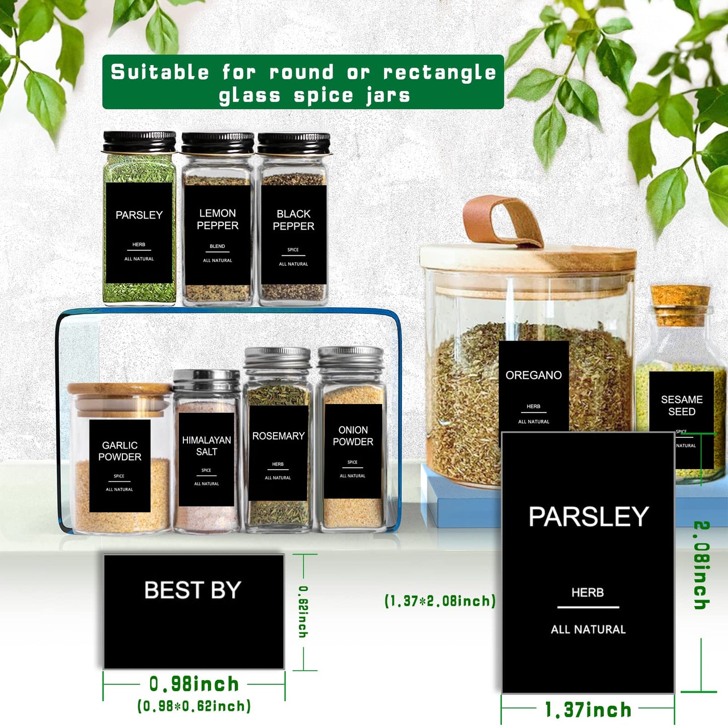 191 Spice Jar Labels Preprinted Minimalist Stickers - Matte Black Waterproof Label - Fit Round or Rectangle Spice Jars - Herb Seasoning Kitchen Pantry Labels 191 Spice Labels(no Jars)